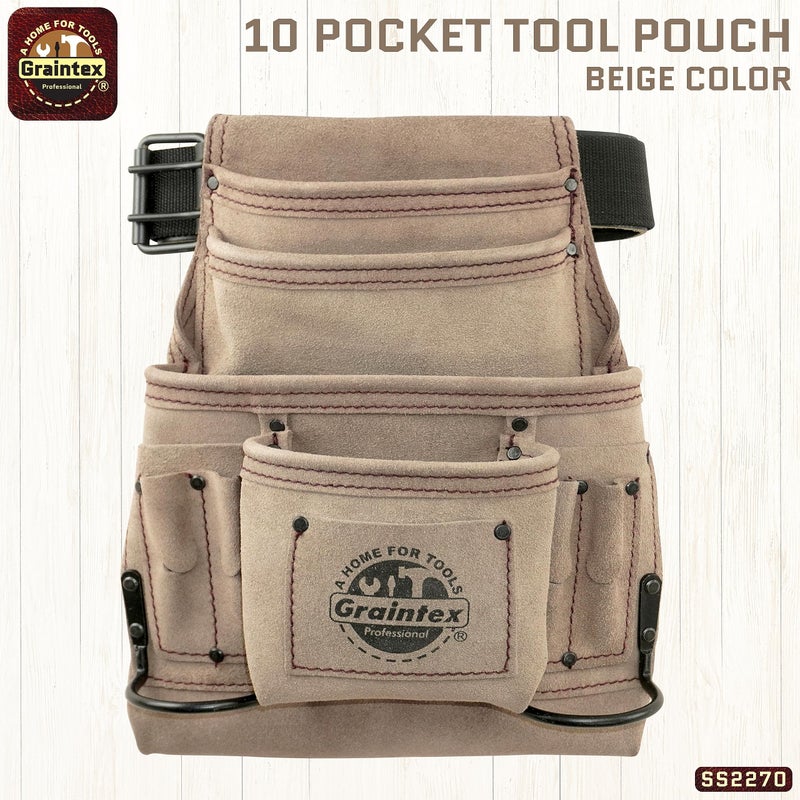 Graintex SS2270 10 Pocket Nail & Tool Pouch Beige Color Suede Leather with 2â€ Leather/Webbing Belt for Constructors, Electricians, Plumbers, Handymen - Image 2